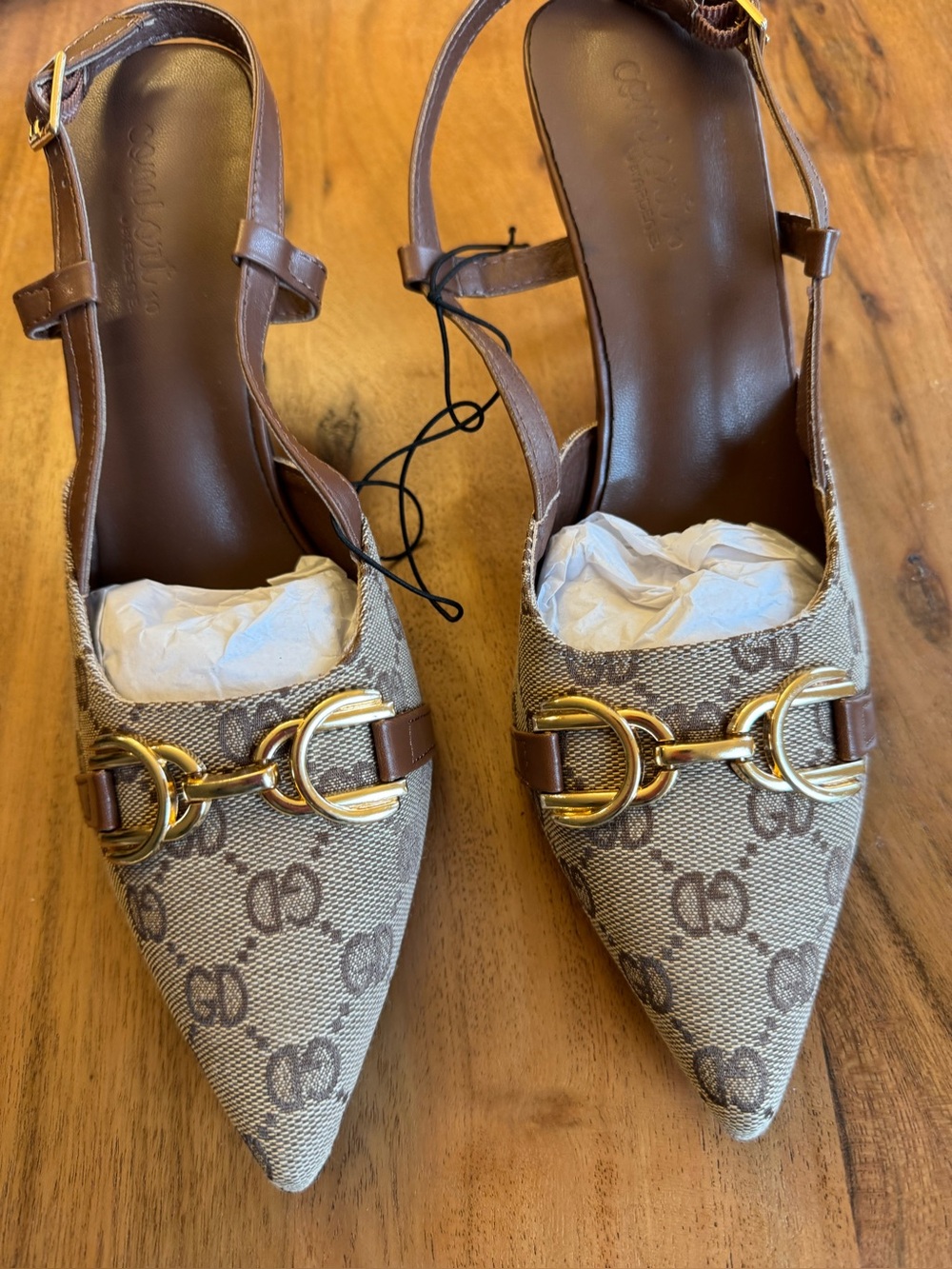 Designer Brown Monogram Slingback Pointed-Toe Flats
